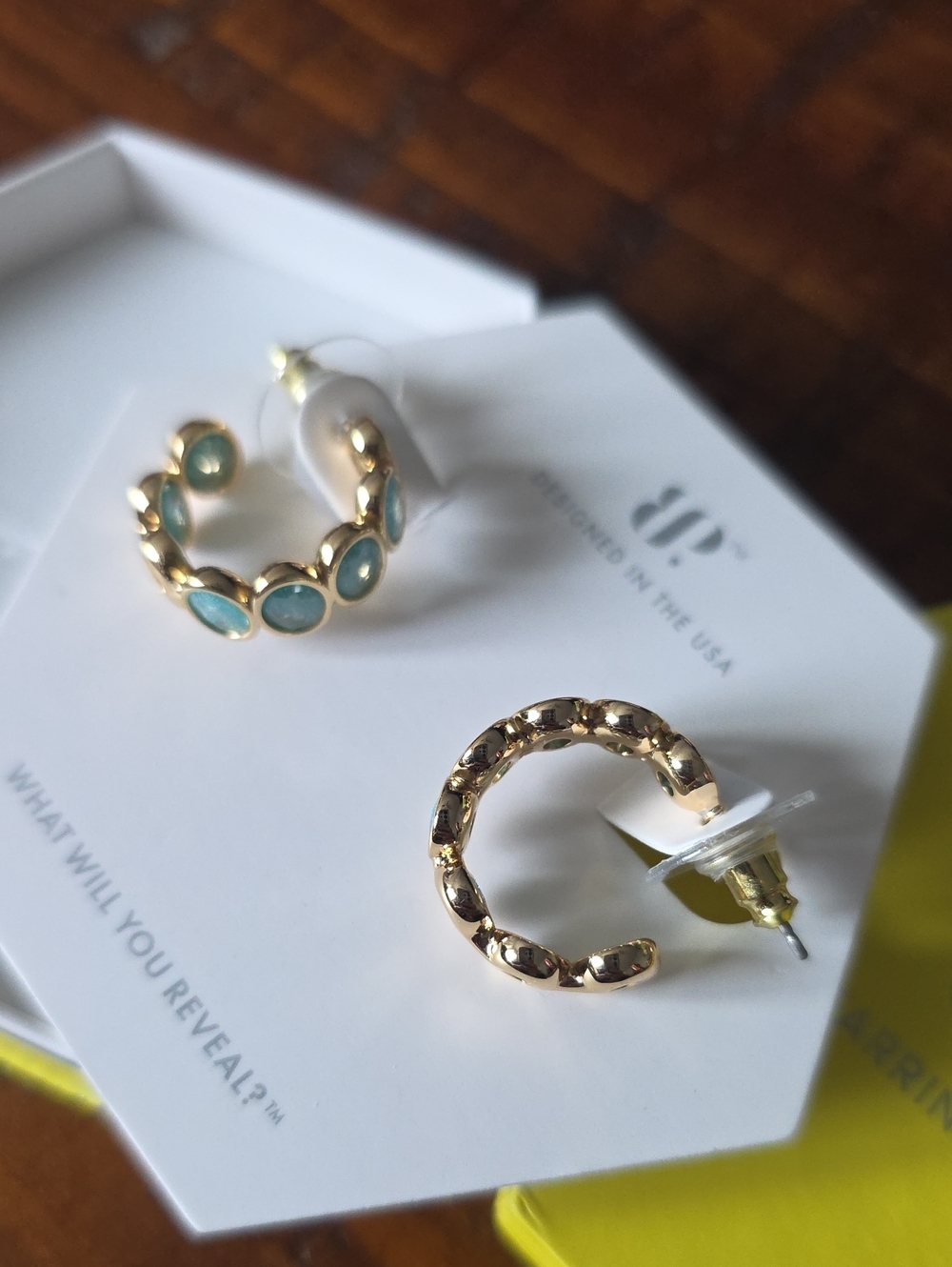 Gold Hoop Earrings with Aqua Stone Accents
